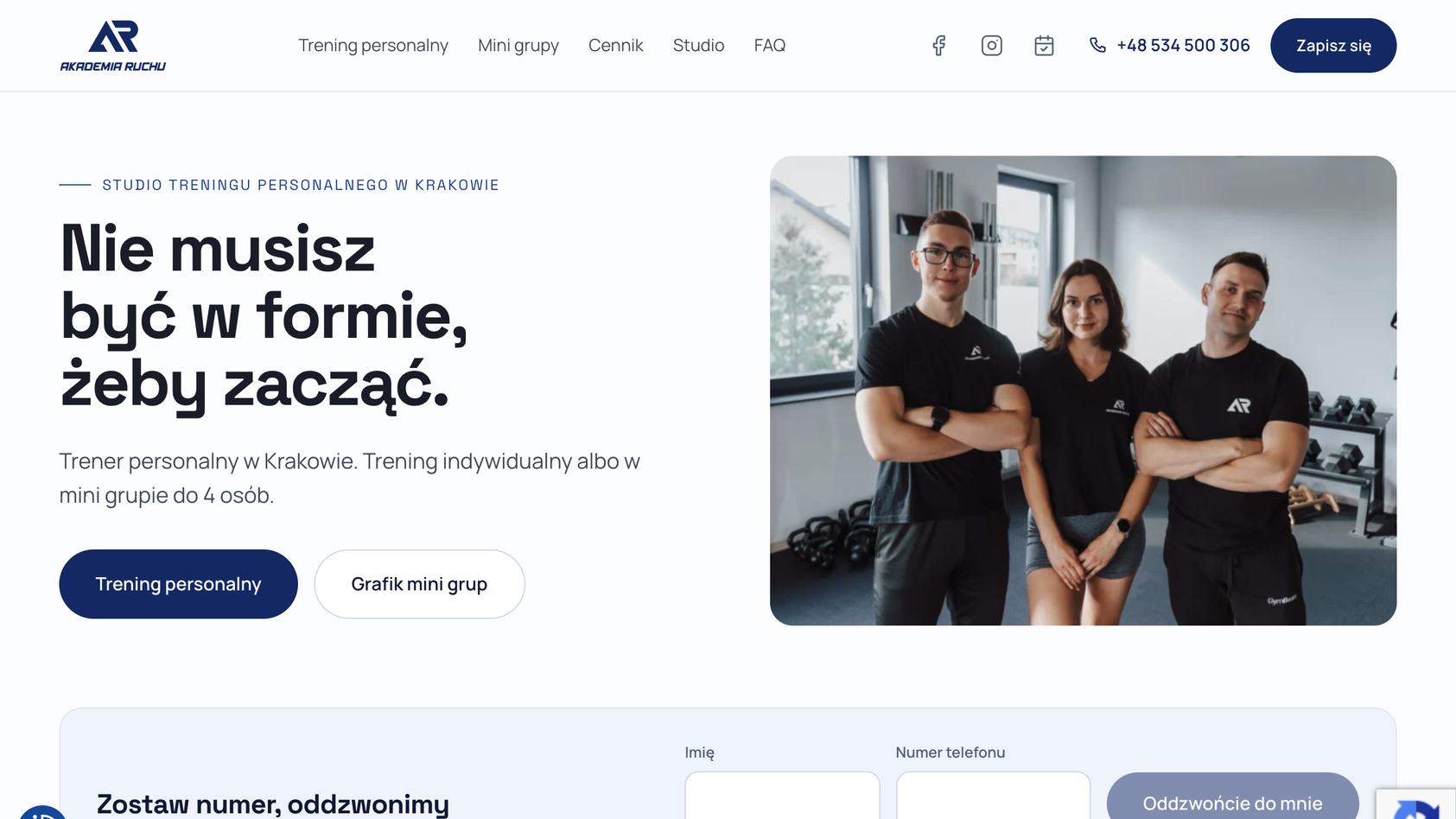 Landing page Akademii Ruchu, studio treningu personalnego w Krakowie